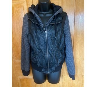 Hooded faux leather/cotton jacket.